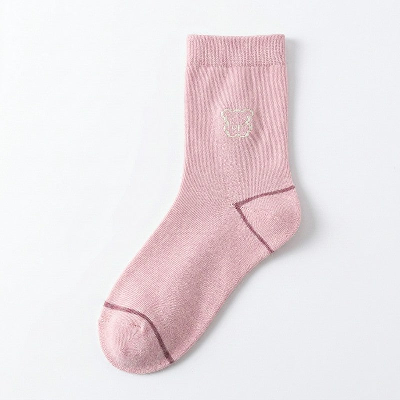 Cute Bear Embroidered Cotton Quarter  Socks(5 Pairs) - Pink - EU35-40(US2-7) - image 7