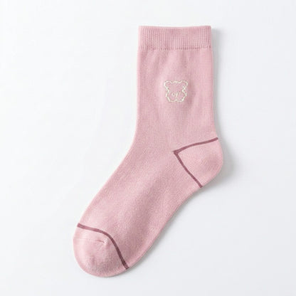 Cute Bear Embroidered Cotton Quarter  Socks(5 Pairs) - Pink - EU35-40(US2-7) - image 7