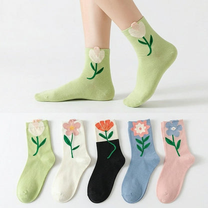 Springtime Floral Embroidered Cotton Crew Socks(5 Pairs) - image 0