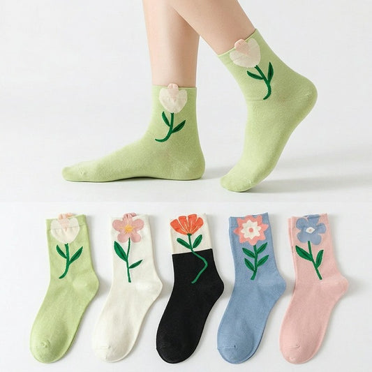 Springtime Floral Embroidered Cotton Crew Socks(5 Pairs) - image 0
