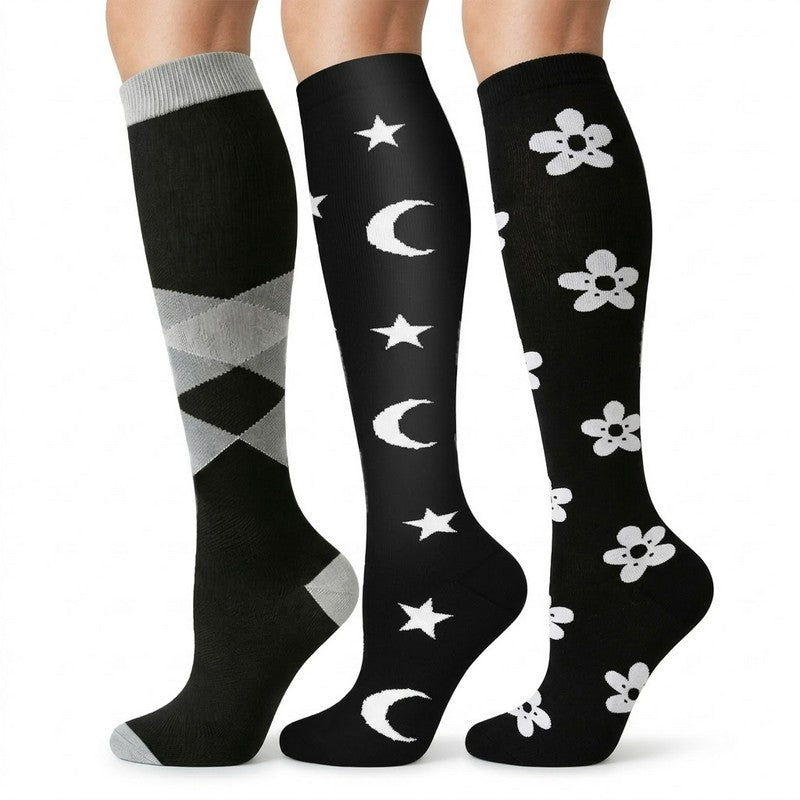 Star Moon Flower Compression Socks(3 Pairs) - Multicolor - S/M - image 0