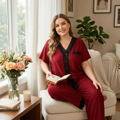 Burgundy Contrast Trim Pajama Set - image 4