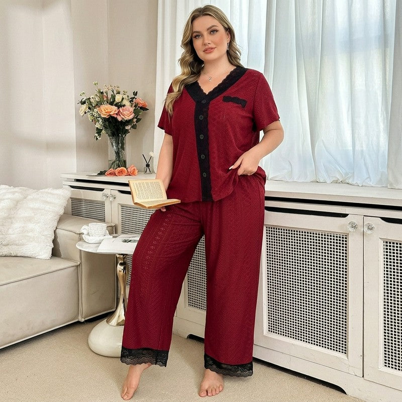 Burgundy Contrast Trim Pajama Set - image 3
