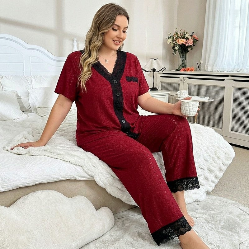 Burgundy Contrast Trim Pajama Set - Red - 4XL - image 0