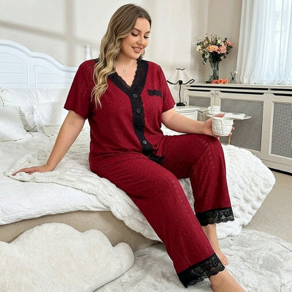 Burgundy Contrast Trim Pajama Set - Red - 4XL - image 0