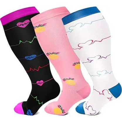 Pineapple Electrocardiogram Plus Size Compression Socks(3 Pairs)