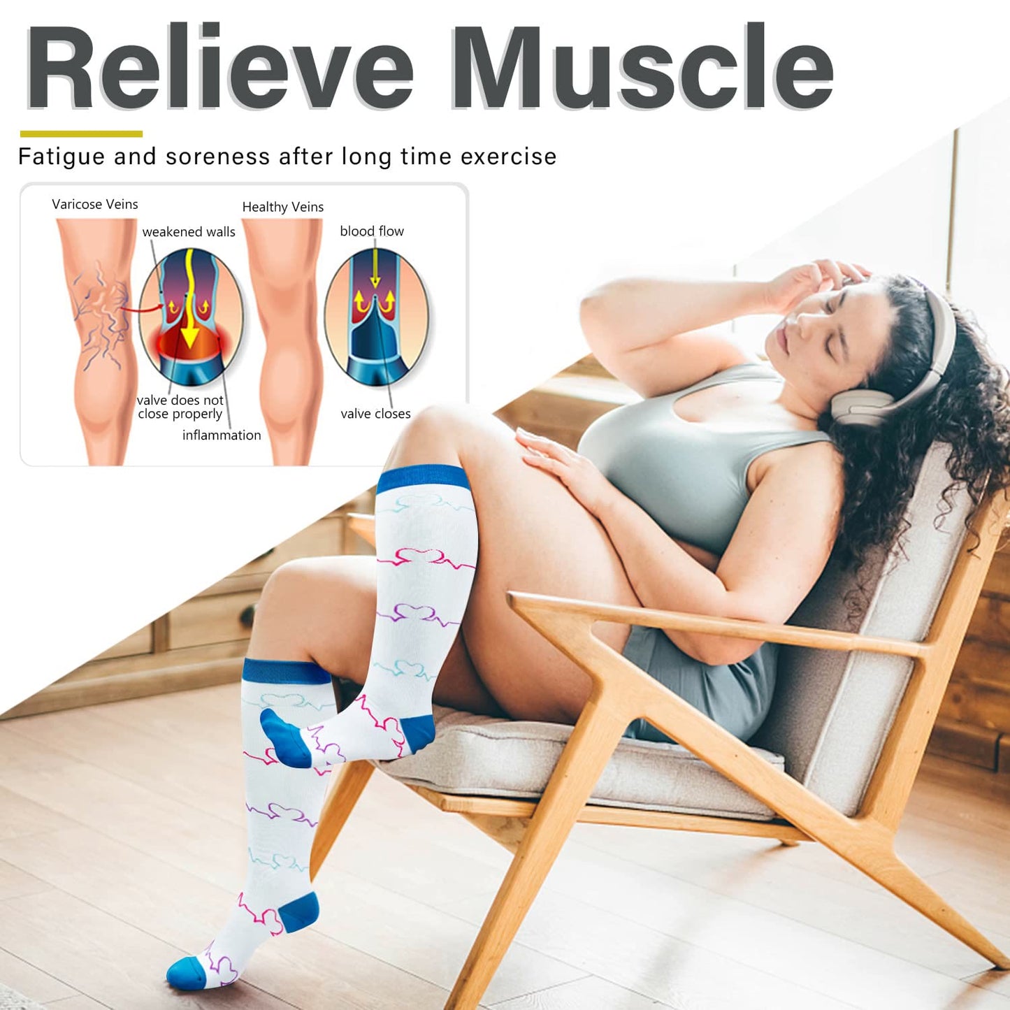 Electrocardiogram Pattern Plus Size Compression Socks(3 Pairs) - image 7