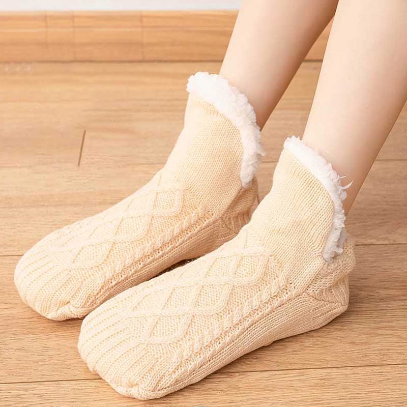 Plus Size Lamb Wool Warm Indoor Slipper Socks(2 Pairs) - Apricot - L - image 6