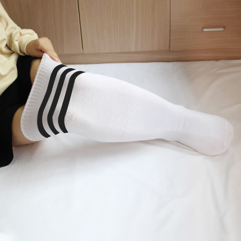 Stripe Thigh High Socks - White - Fits 120-180lbs - image 0