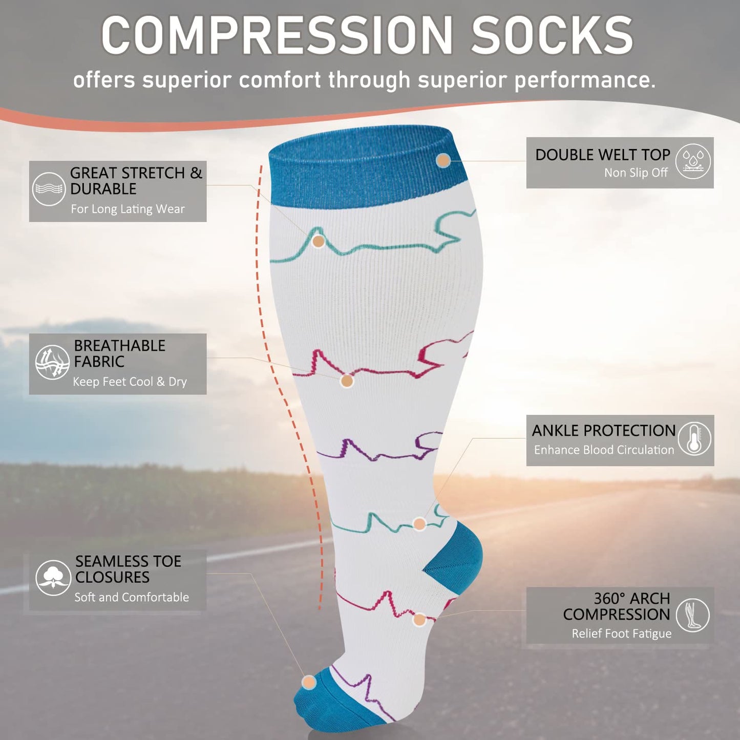 White Electrocardiogram Plus Size Compression Socks(3 Pairs)