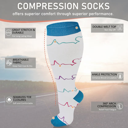 White Electrocardiogram Plus Size Compression Socks(3 Pairs)