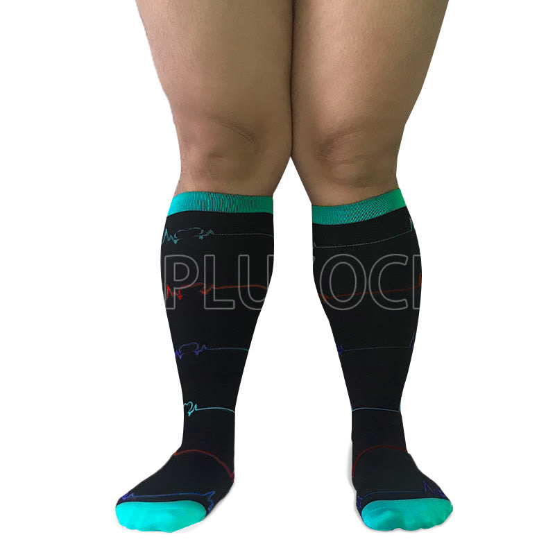 Blue Electrocardiogram Pattern Plus Size Compression Socks(3 Pairs) - image 3