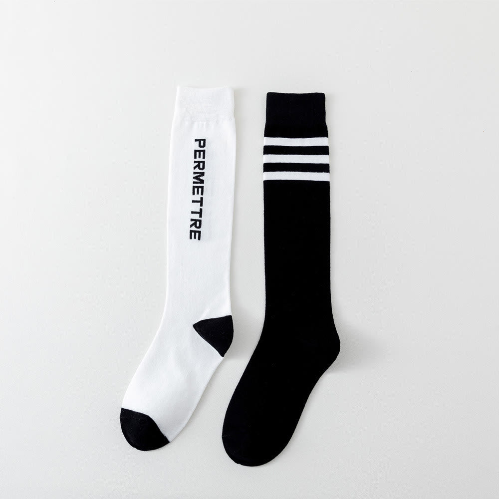 Mixed Color Cotton Plus Size Compression Socks(3 Pairs) - Unisex - Black&White - image 16