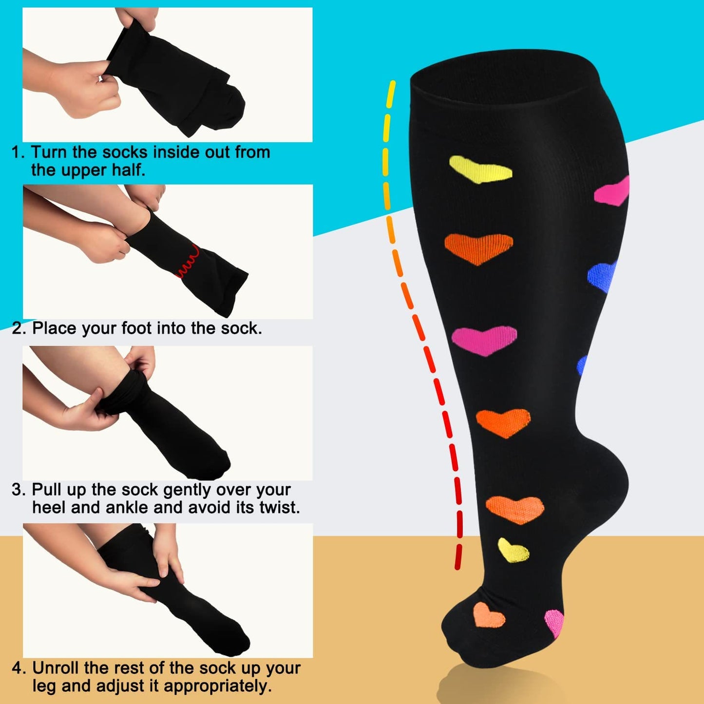 Blue Electrocardiogram Black Heart Plus Size Compression Socks(3 Pairs) - image 8