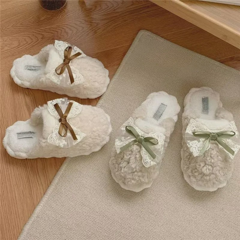 Lace Bow Plush Knit Cuff Slippers - image 5