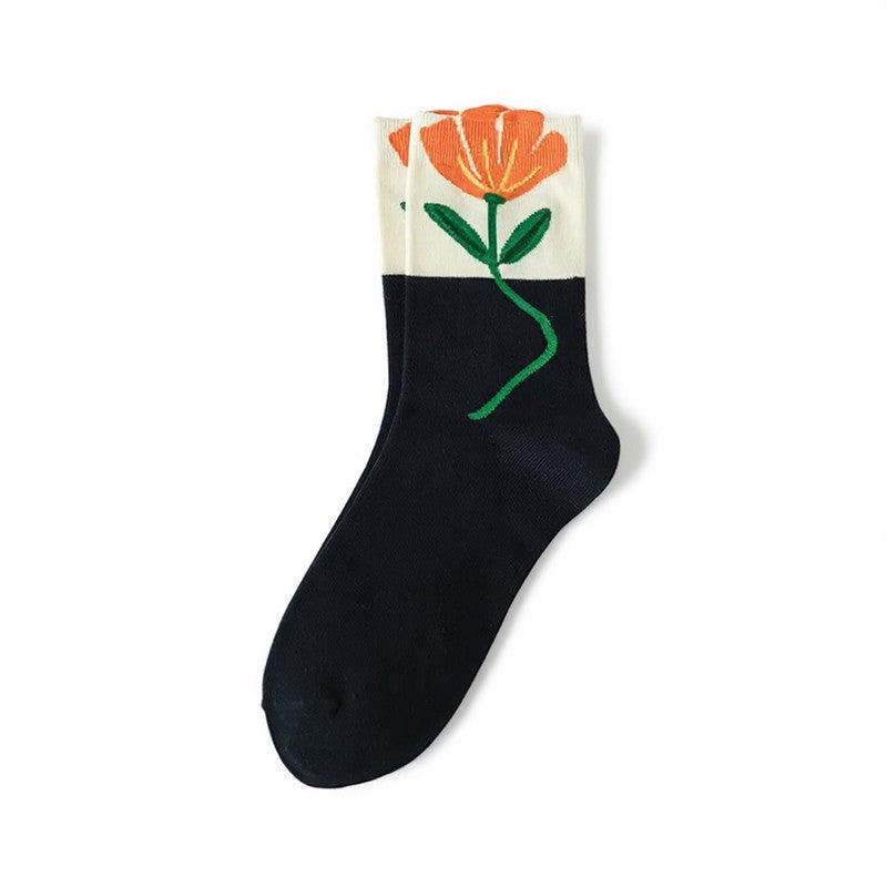 Springtime Floral Embroidered Cotton Crew Socks(5 Pairs) - Black - EU35-40 (US2-7) - image 5
