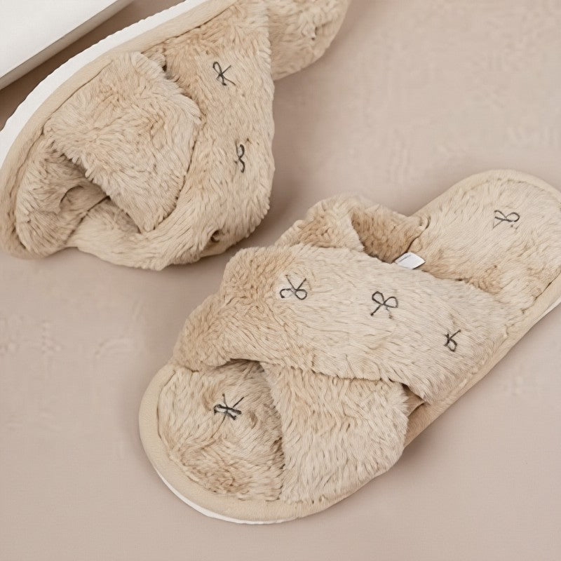 Cross Band Plush Open Toe Slippers - Khaki - EU44-45(US9-10) - image 6