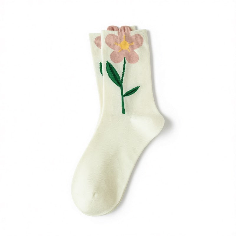 Springtime Floral Embroidered Cotton Crew Socks(5 Pairs) - White - EU35-40 (US2-7) - image 4