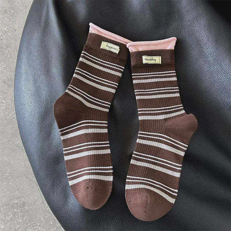 Retro Striped Knit Quarter Socks (5 Pairs) - Coffee - EU36-42(US3-8.5) - image 20