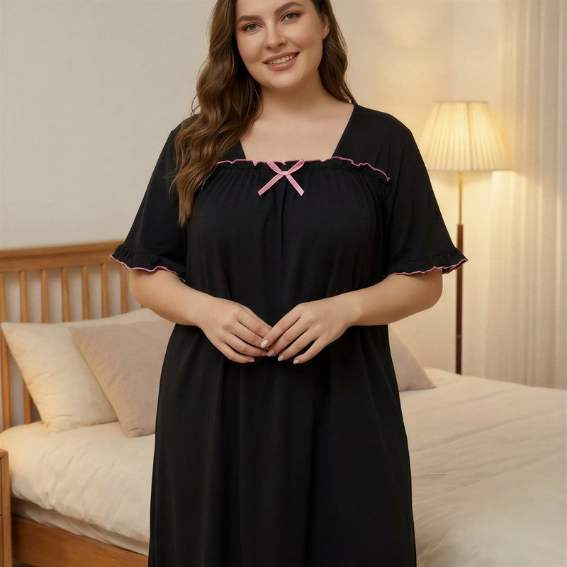 Bow Trim Nightgown - Black - 5XL - image 3