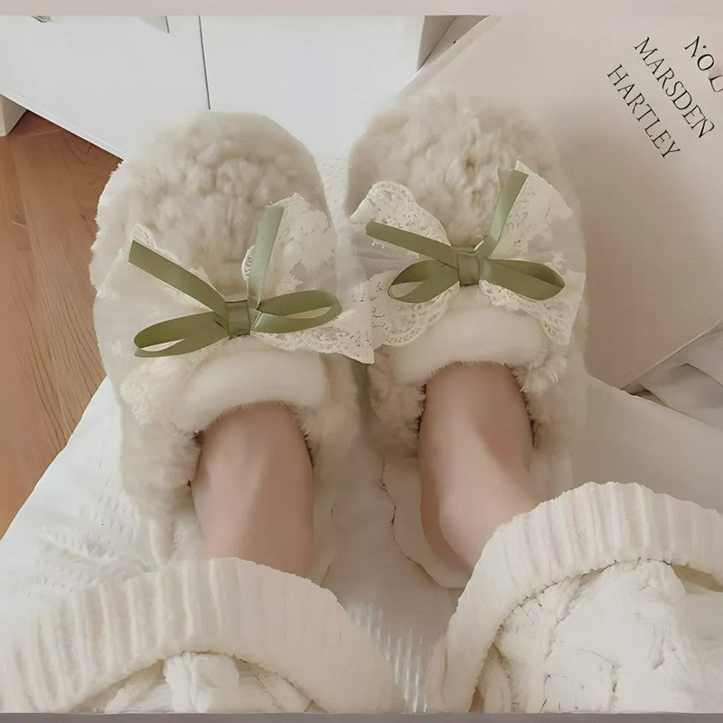 Lace Bow Plush Knit Cuff Slippers - Green - EU40-41(US7-7.5) - image 1