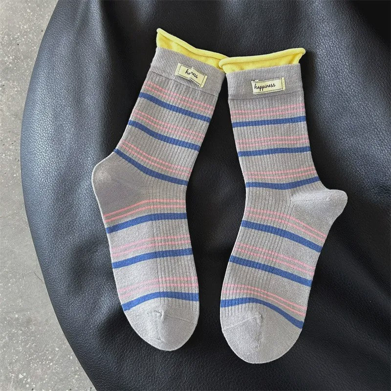 Retro Striped Knit Quarter Socks (5 Pairs) - Light Gray - EU36-42(US3-8.5) - image 19