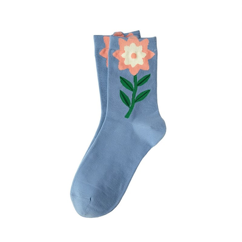 Springtime Floral Embroidered Cotton Crew Socks(5 Pairs) - Blue - EU35-40 (US2-7) - image 3