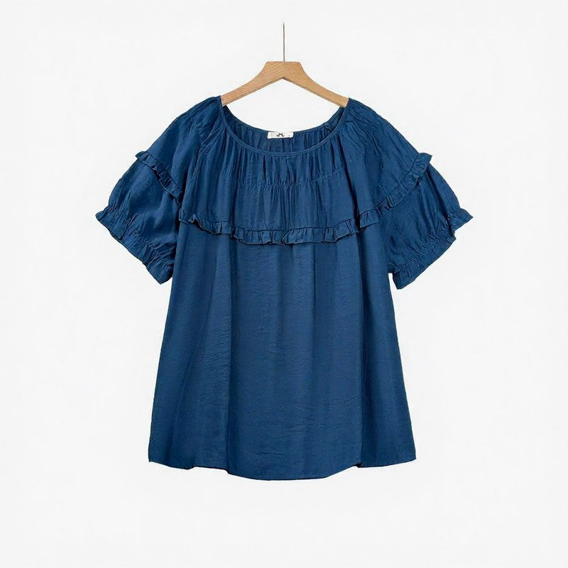 Crinkled Rayon Blend Ruffle Yoke Blouse - Blue - 6XL - image 1