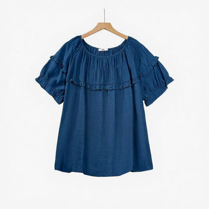 Crinkled Rayon Blend Ruffle Yoke Blouse - Blue - 6XL - image 1