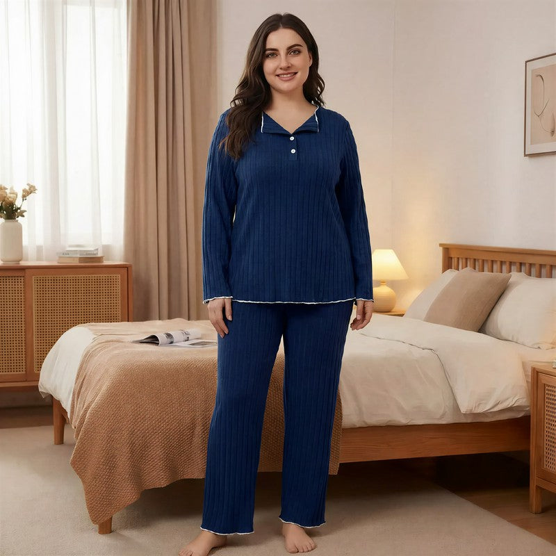 Soft Ribbed Lounge Pajama Set - Navy Blue - 4XL - image 4