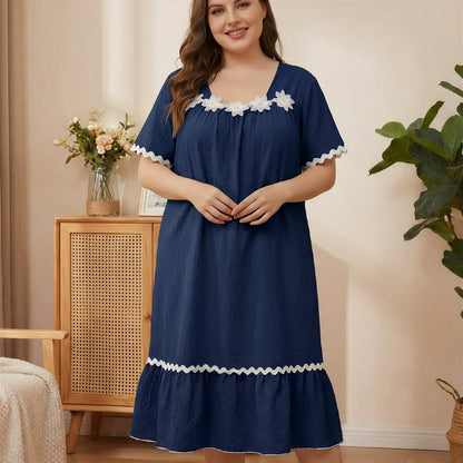 Floral Applique Lounge Nightgown - Navy Blue - 5XL - image 5
