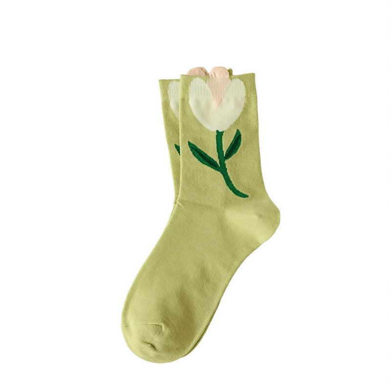 Springtime Floral Embroidered Cotton Crew Socks(5 Pairs) - Green - EU35-40 (US2-7) - image 2