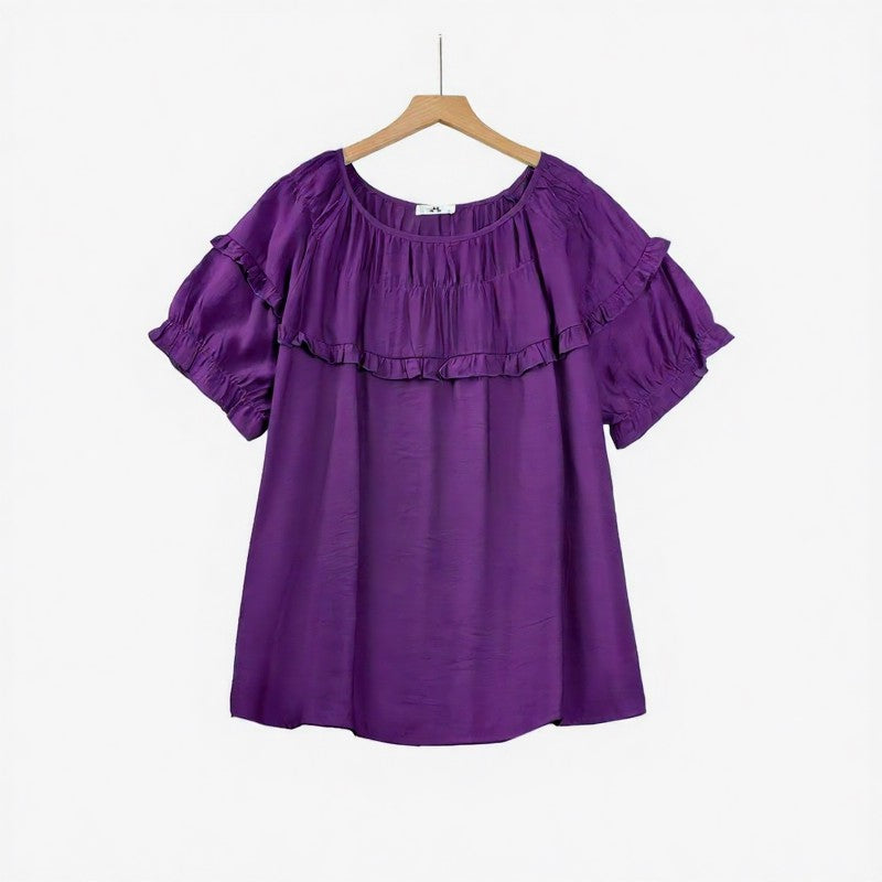 Crinkled Rayon Blend Ruffle Yoke Blouse - Purple - 6XL - image 3