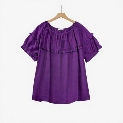 Crinkled Rayon Blend Ruffle Yoke Blouse - Purple - 6XL - image 3