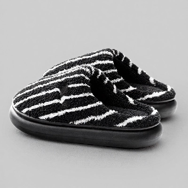 Plus Size Striped Plush Closed Back  Fluffy Shoes - Black - EU44-45(US10-11) - image 0