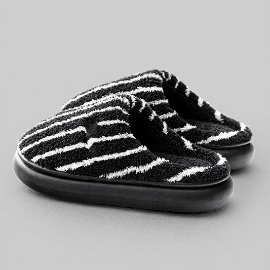 Plus Size Striped Plush Closed Back  Fluffy Shoes - Black - EU44-45(US10-11) - image 0