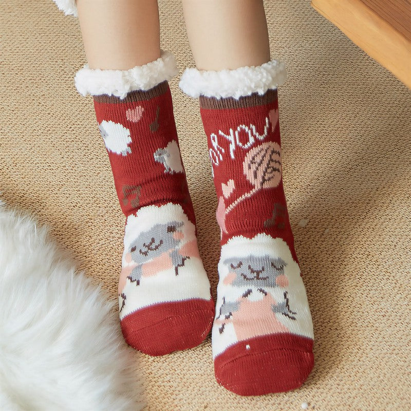 Nordic Fox Cozy Sherpa Cuff Home Slipper Socks - Wine - EU35-42(US2-8) - image 3