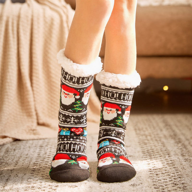 Santa Stripe Plush Lined Cozy Home Slipper Socks - Brown - EU35-42(US2-8) - image 0