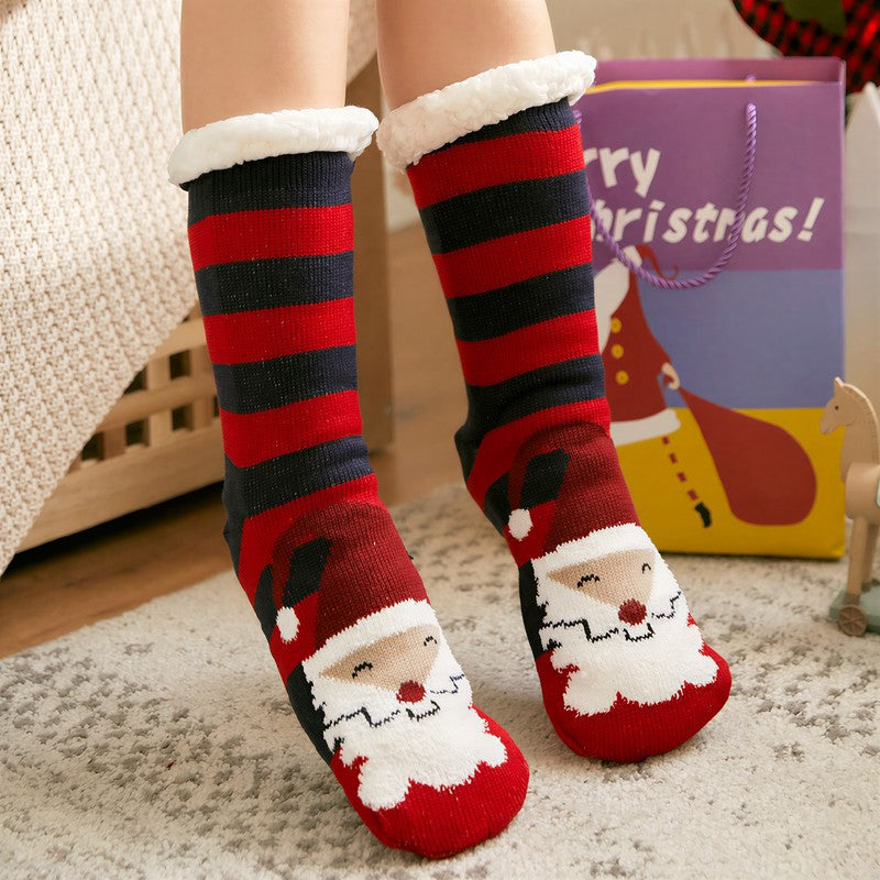 Santa Stripe Plush Lined Cozy Home Slipper Socks - Wine - EU35-42(US2-8) - image 2