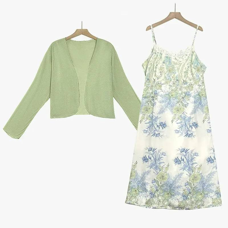Floral Satin Dress Cardigan Two-Piece Set - 2Pcs Set - 6XL - image 0