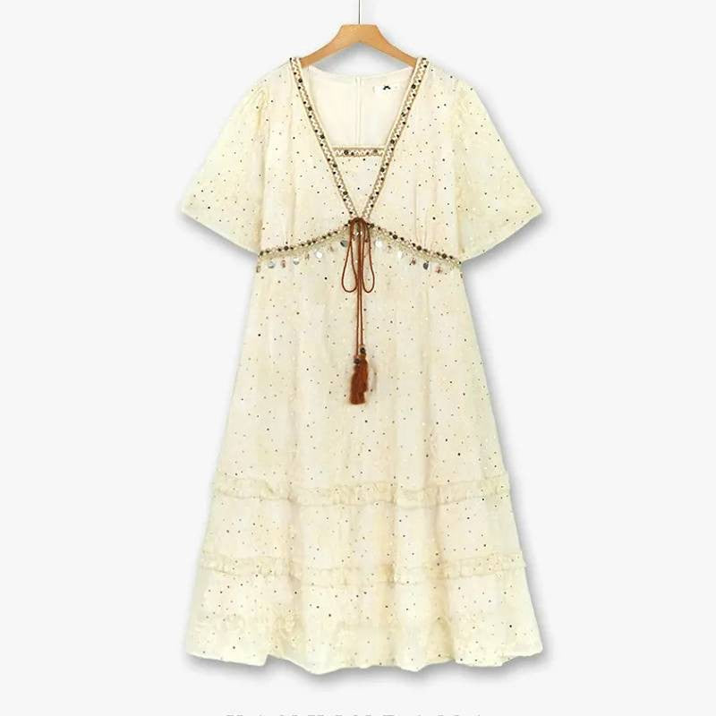 Broderie Anglaise Tassel Resort Midi Dress - Beige - 6XL - image 0