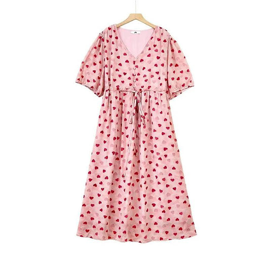 Heart Print Drawstring Midi Dress - Pink - 6XL - image 0