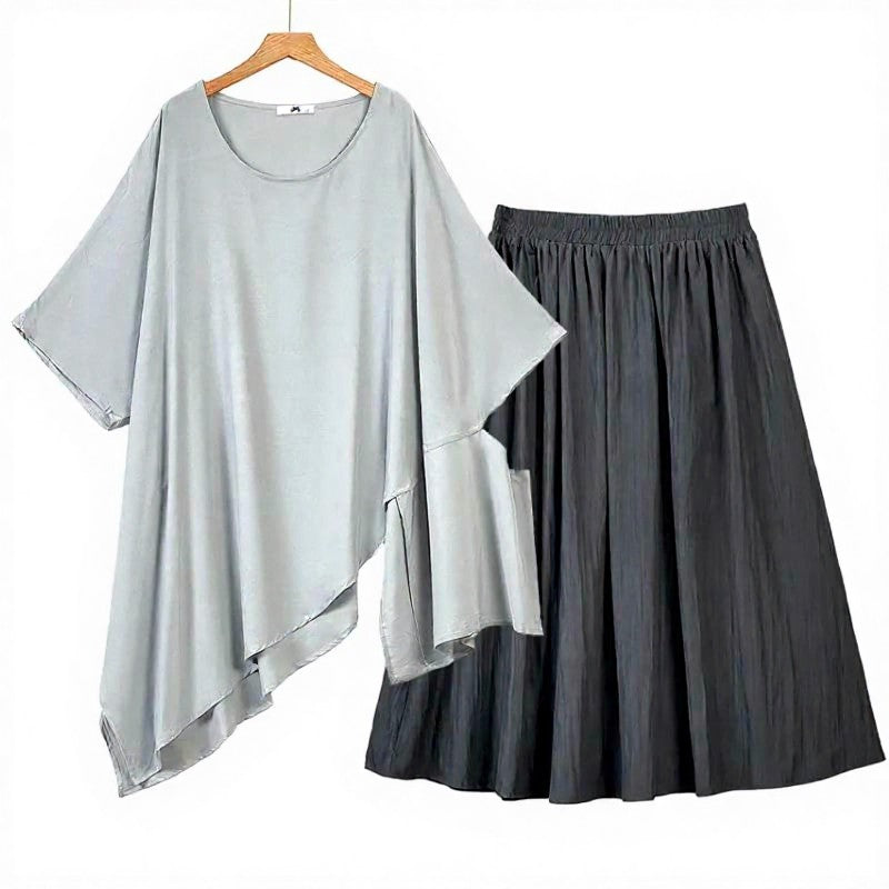 Asymmetric Drape Top Pleated Midi Two Piece Skirt Set - Grey - 6XL - image 0