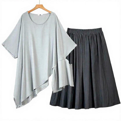 Asymmetric Drape Top Pleated Midi Two Piece Skirt Set - Grey - 6XL - image 0