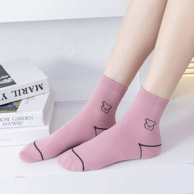 Cute Bear Embroidered Cotton Quarter  Socks(5 Pairs) - image 3