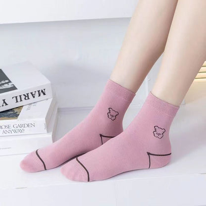 Cute Bear Embroidered Cotton Quarter  Socks(5 Pairs) - image 3