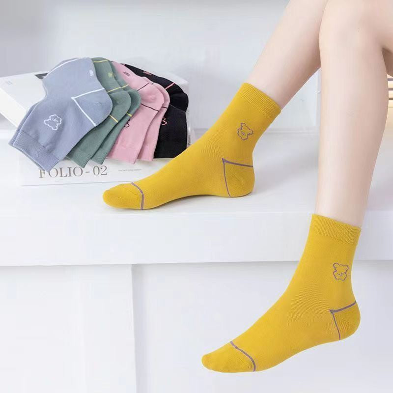 Cute Bear Embroidered Cotton Quarter  Socks(5 Pairs) - image 4