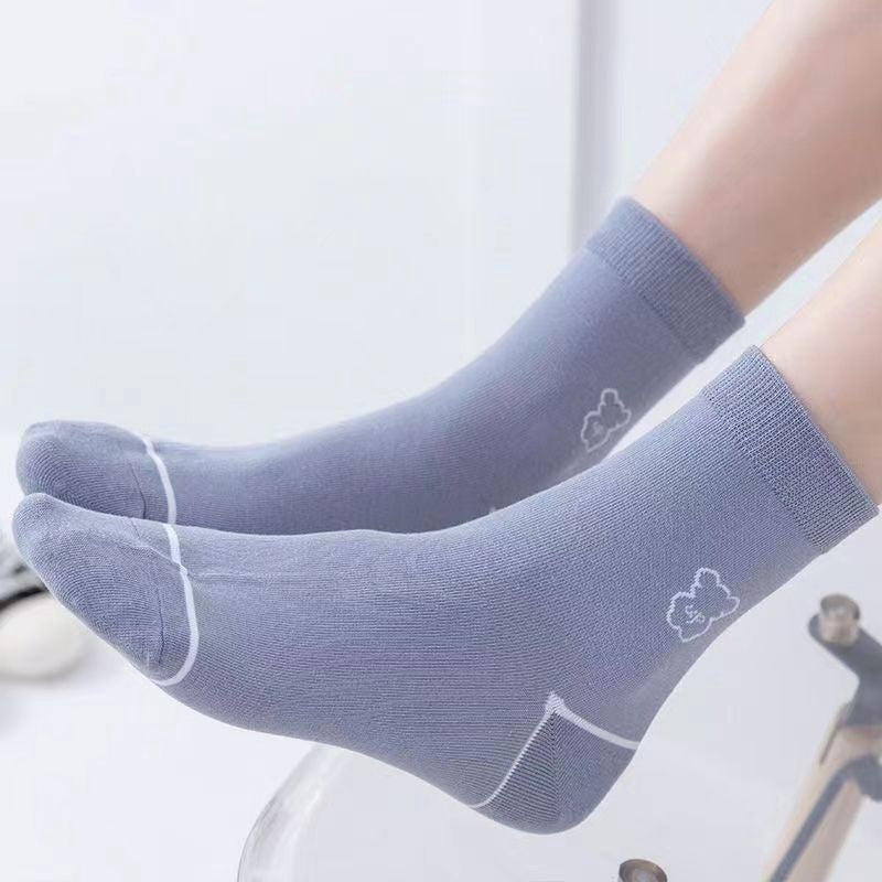 Cute Bear Embroidered Cotton Quarter  Socks(5 Pairs) - image 2