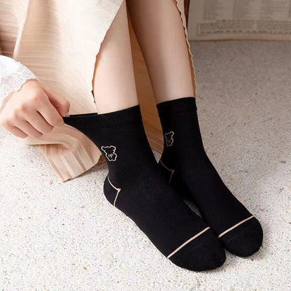 Cute Bear Embroidered Cotton Quarter  Socks(5 Pairs) - image 1