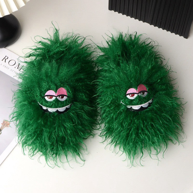 Pink Fluffy Cartoon Eye Indoor Slippers - Green - 50-51(US12.5-13) - image 1